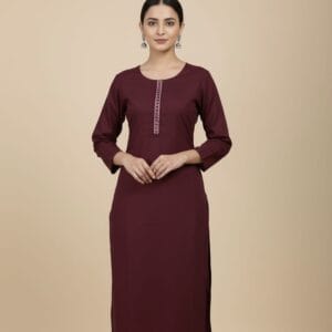 Dark Purple Cotton Kurti with Mirror Work
