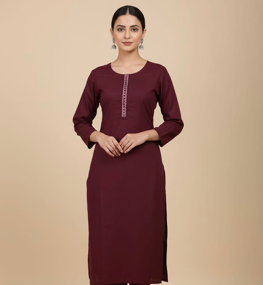 Dark Purple Cotton Kurti with Mirror Work