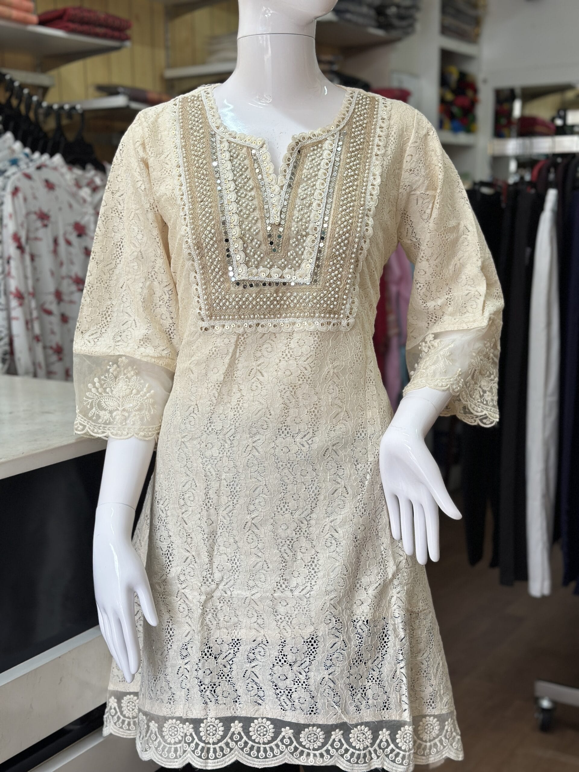 Cream-colored lace short kurti