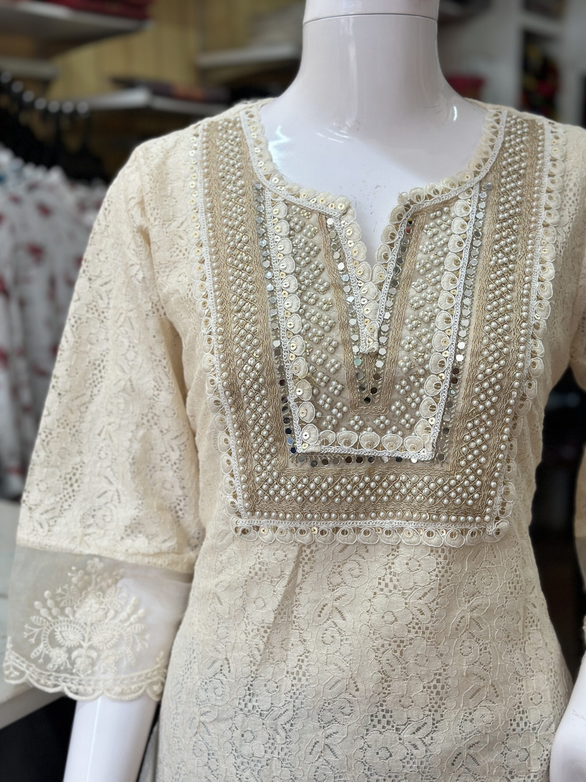Cream-colored lace short kurti