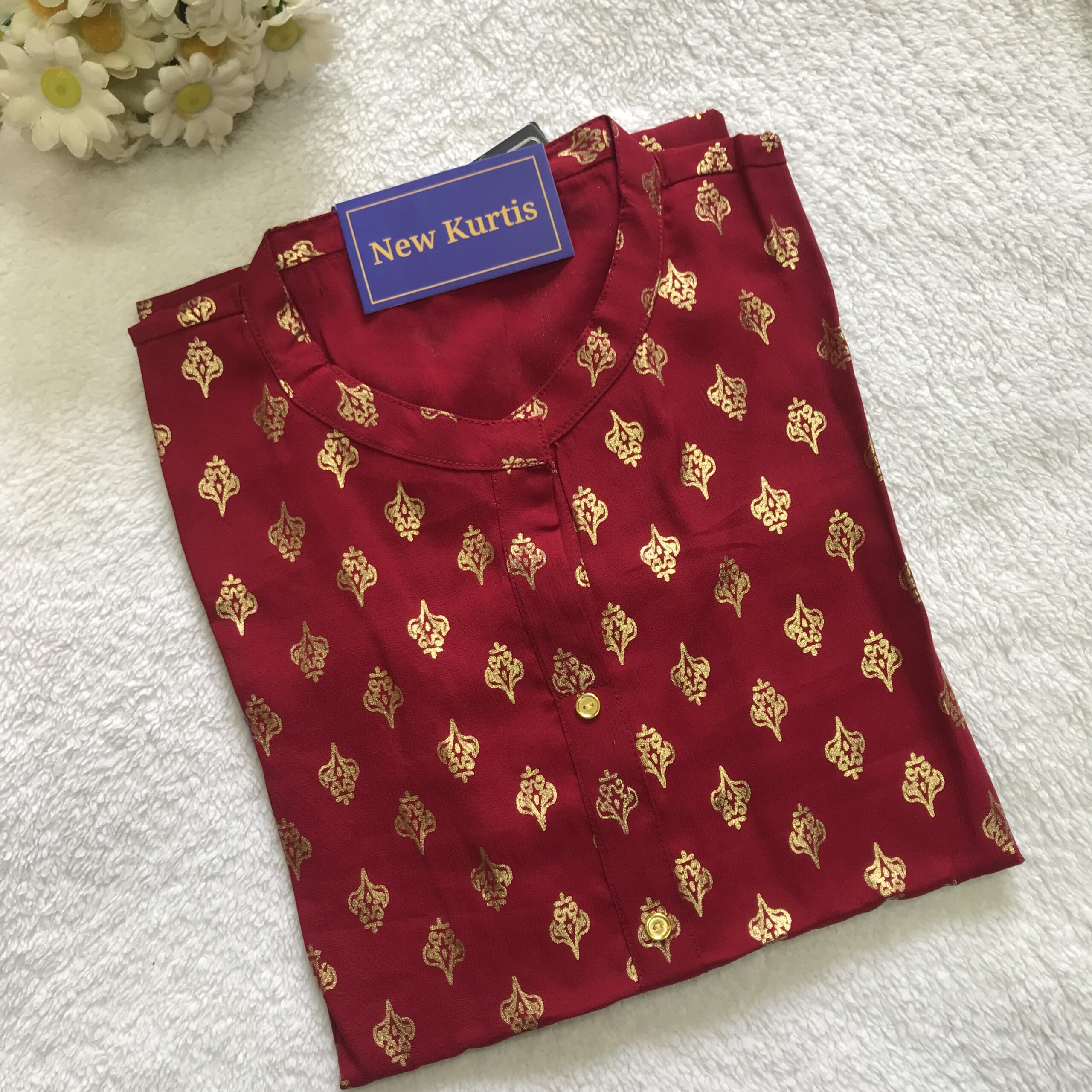 Elegant Red Rich Cotton High-Neck Kurti