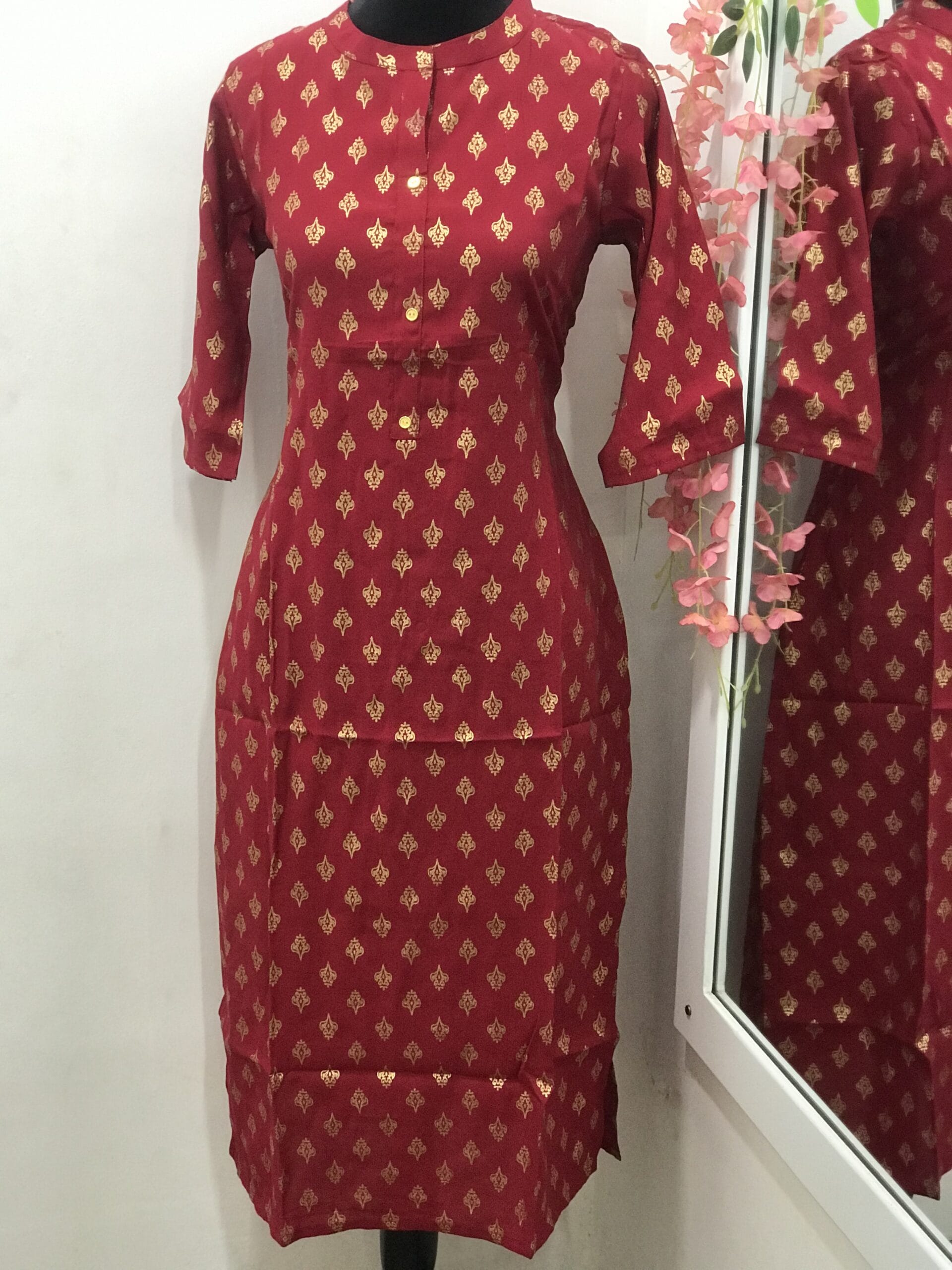 Elegant Red Rich Cotton High-Neck Kurti
