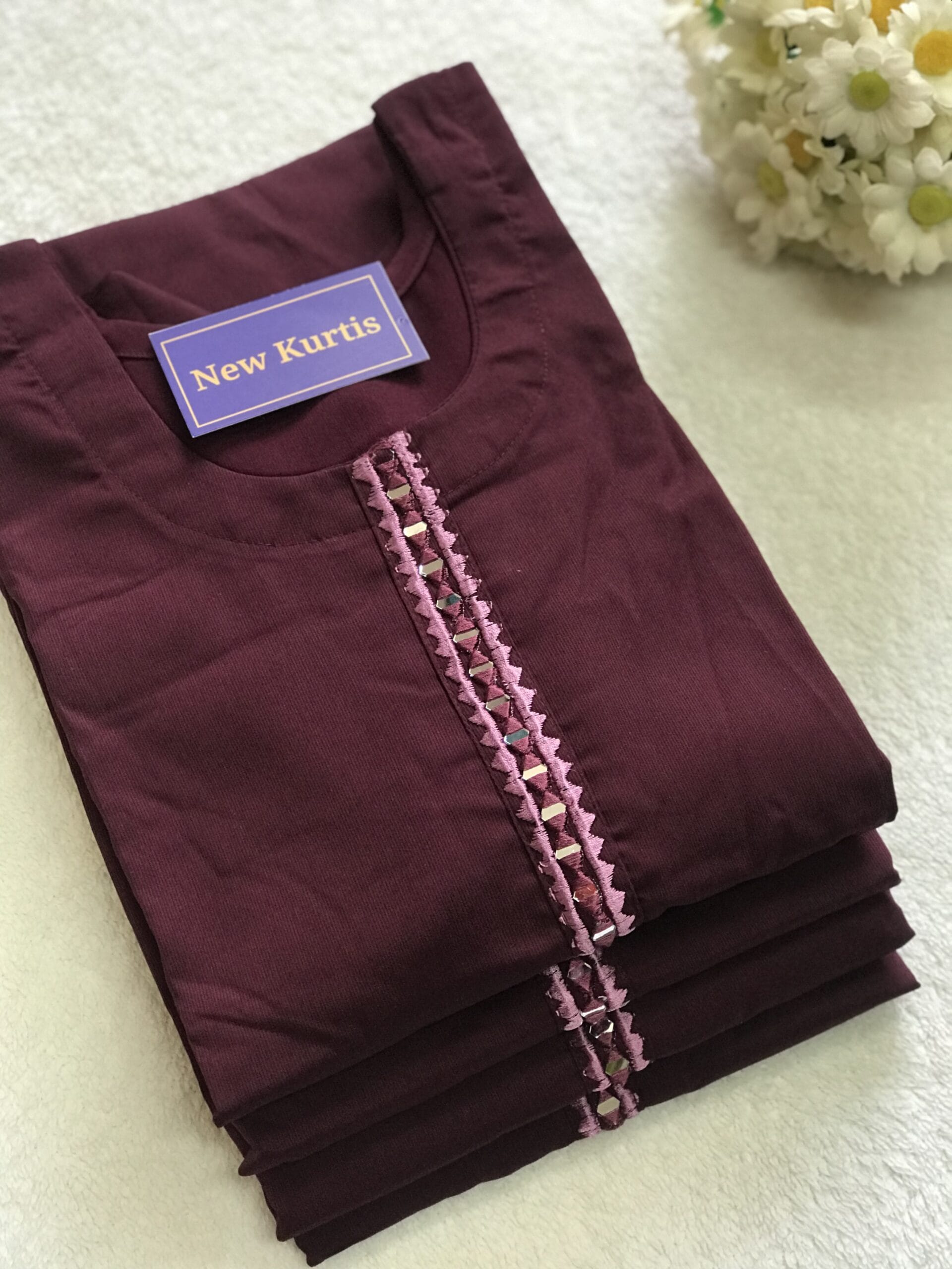 Dark Purple Cotton Kurti with Mirror Work