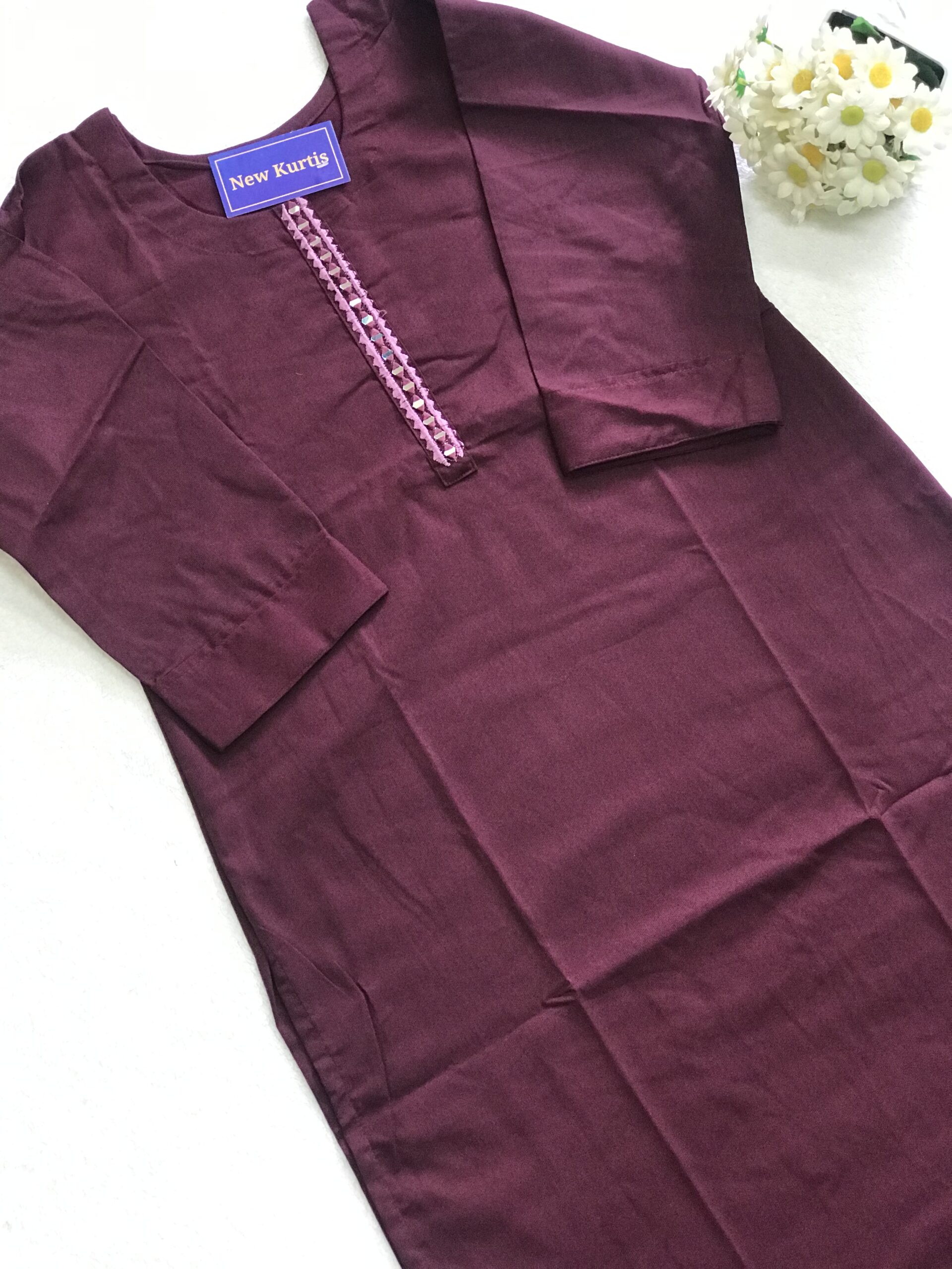 Dark Purple Cotton Kurti with Mirror Work