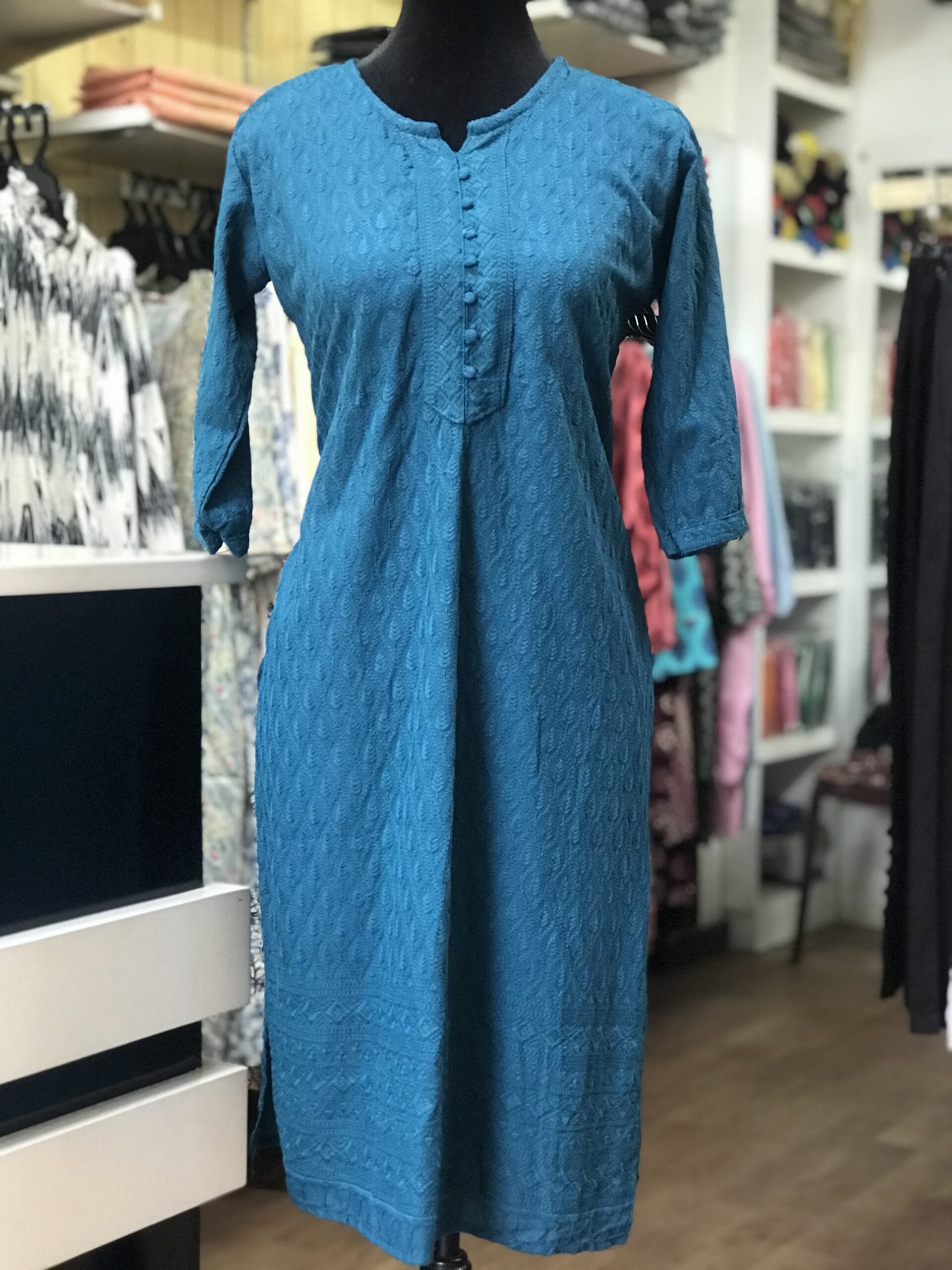 Peacock Blue Chickenkari Embroidered Kurti