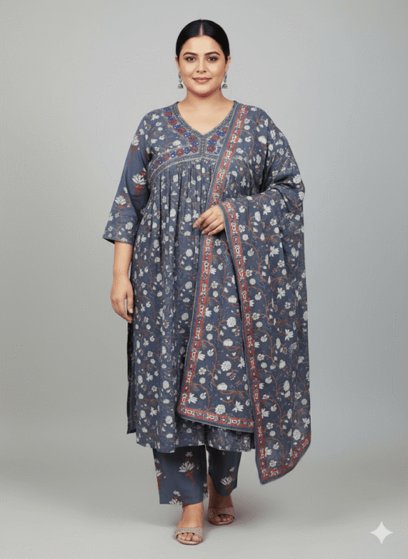 Elegant Grey Printed Alia-Cut Kurti