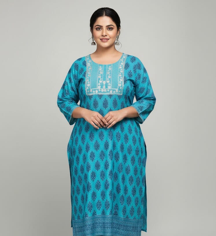 Vibrant Blue Printed Kurti - Plus Size