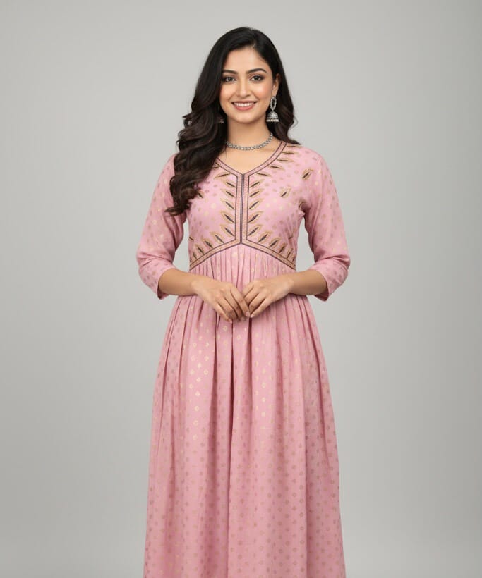 Pinkish Embroidered Alia Cut Kurti