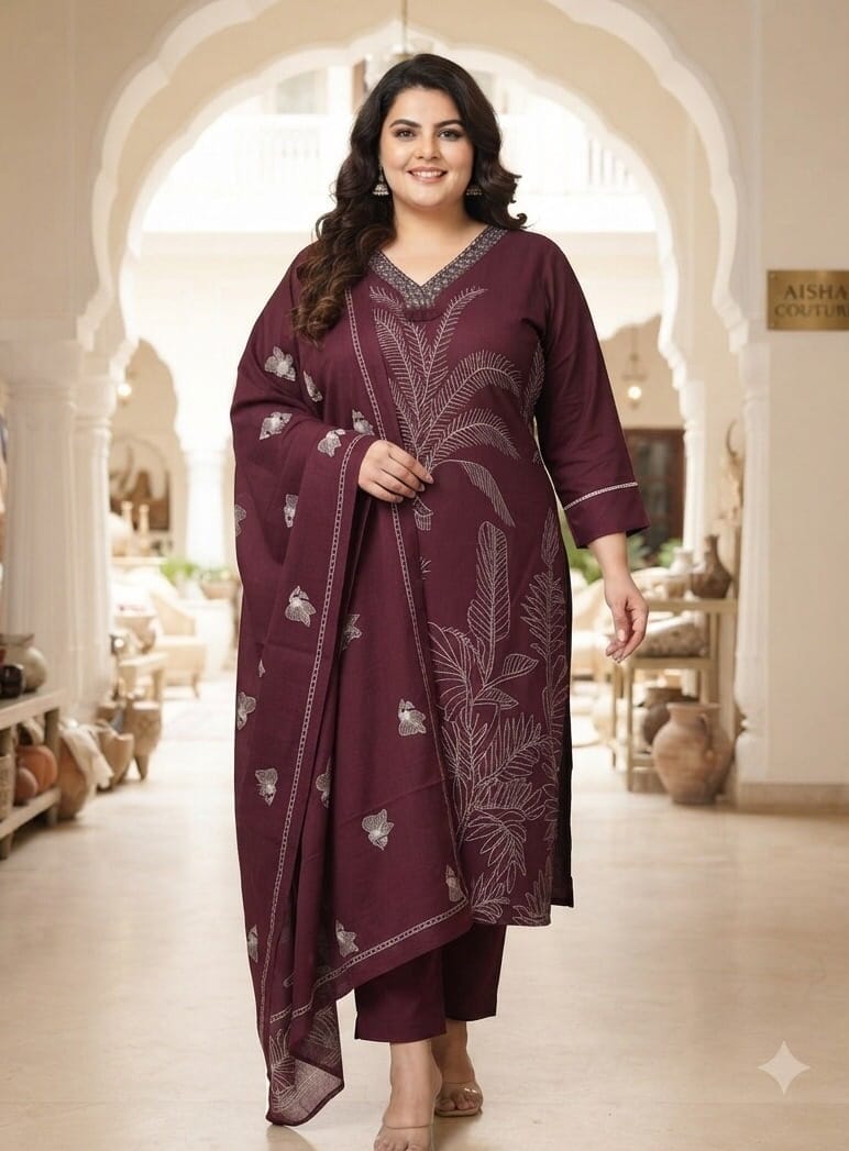 Royal Plum V-Neck Plus Size Kurti Set Sri Lanka