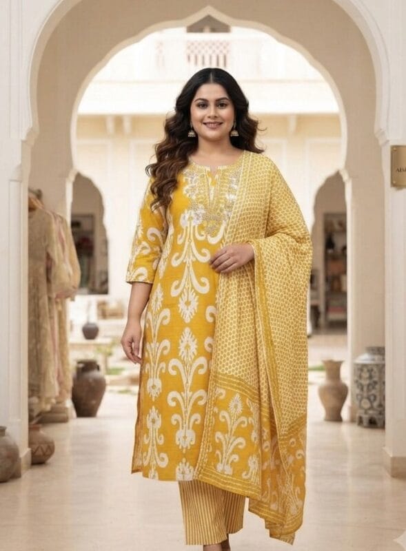 Yellow And White Plus Size Cotton Set Kurti Sri Lanka