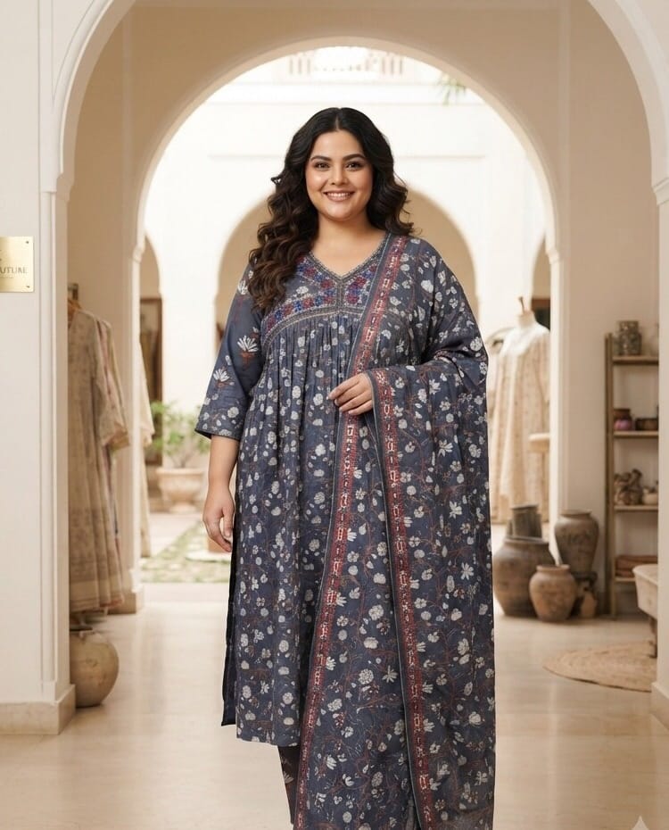 Elegant Grey Printed Alia-Cut Kurti Sri Lanka