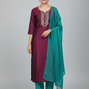 Purple & Green Kurti Set with Embroidered Neckline