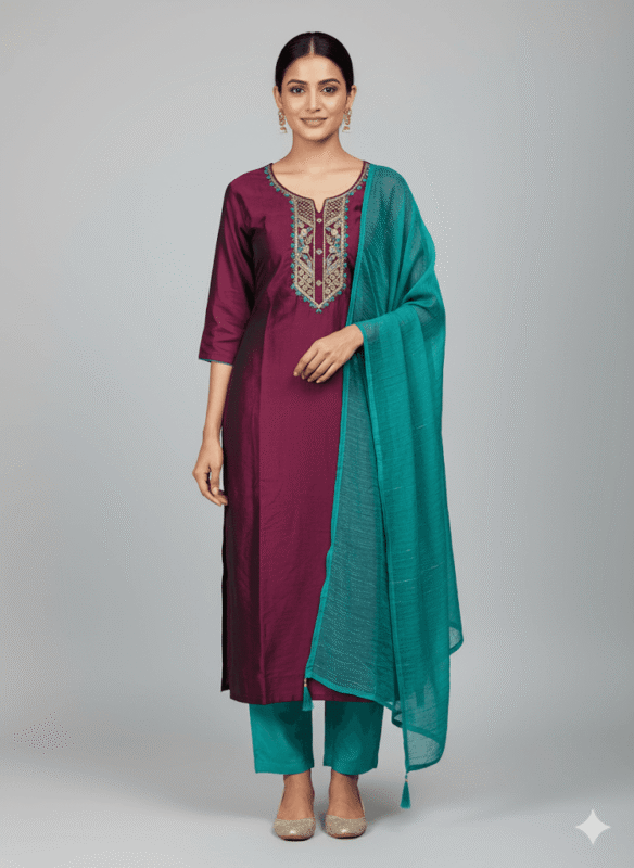 Purple & Green Kurti Set with Embroidered Neckline
