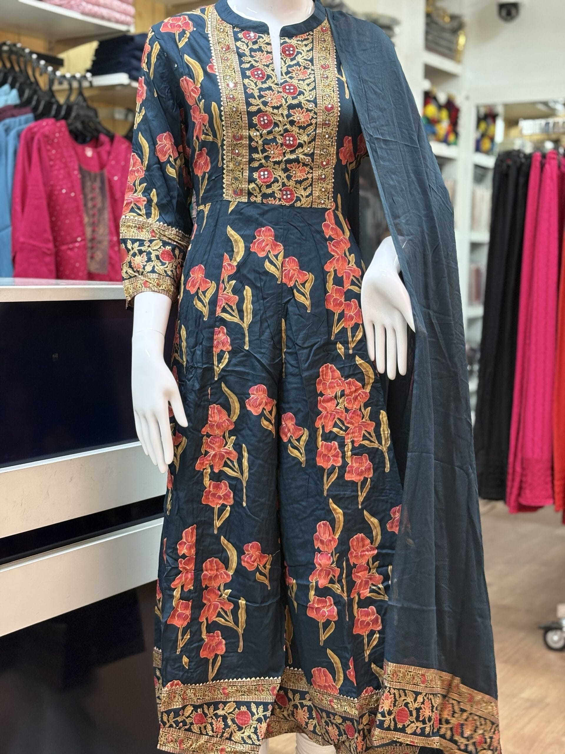 Elegance in Bloom: The Dark Blue Floral Anarkali