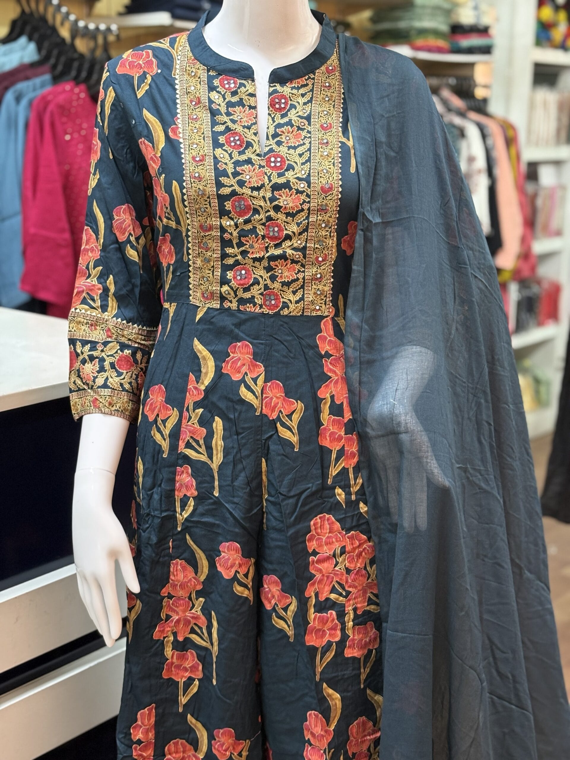 Elegance in Bloom: The Dark Blue Floral Anarkali