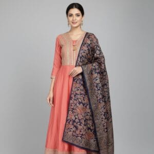 Embroidered Peach Frock with multicolored Shawl