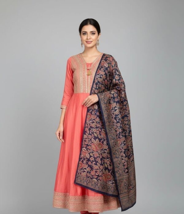 Embroidered Peach Frock with multicolored Shawl