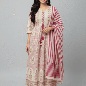 Elegant Cream and Pink Anarkali Kurti Set