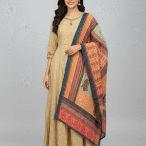 Cream Anarkali Paired with Colorful Shawl.