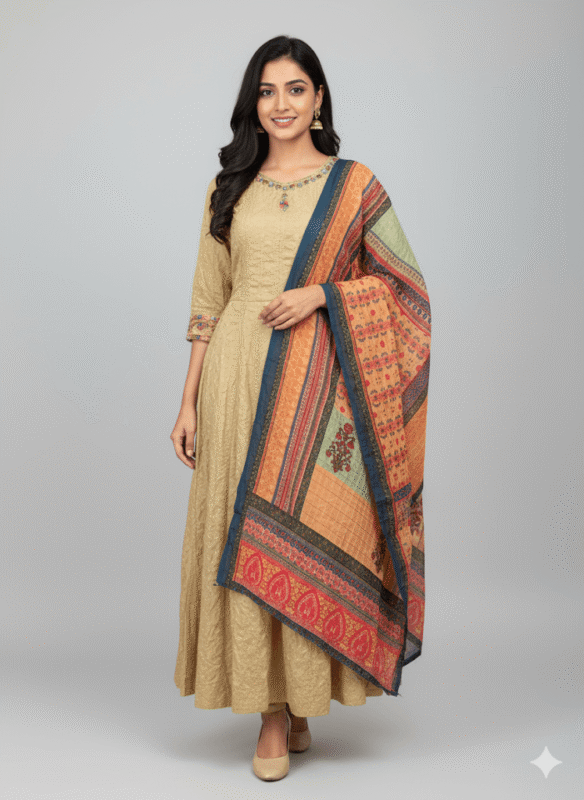 Cream Anarkali Paired with Colorful Shawl.
