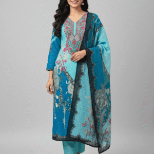 Sky Bloom – Light Blue Floral Cotton Kurti Set.