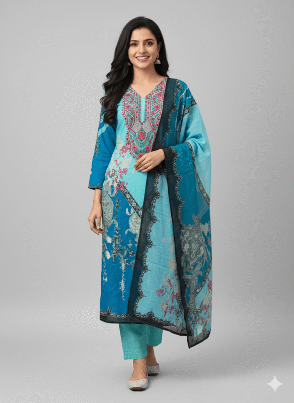 Sky Bloom – Light Blue Floral Cotton Kurti Set.