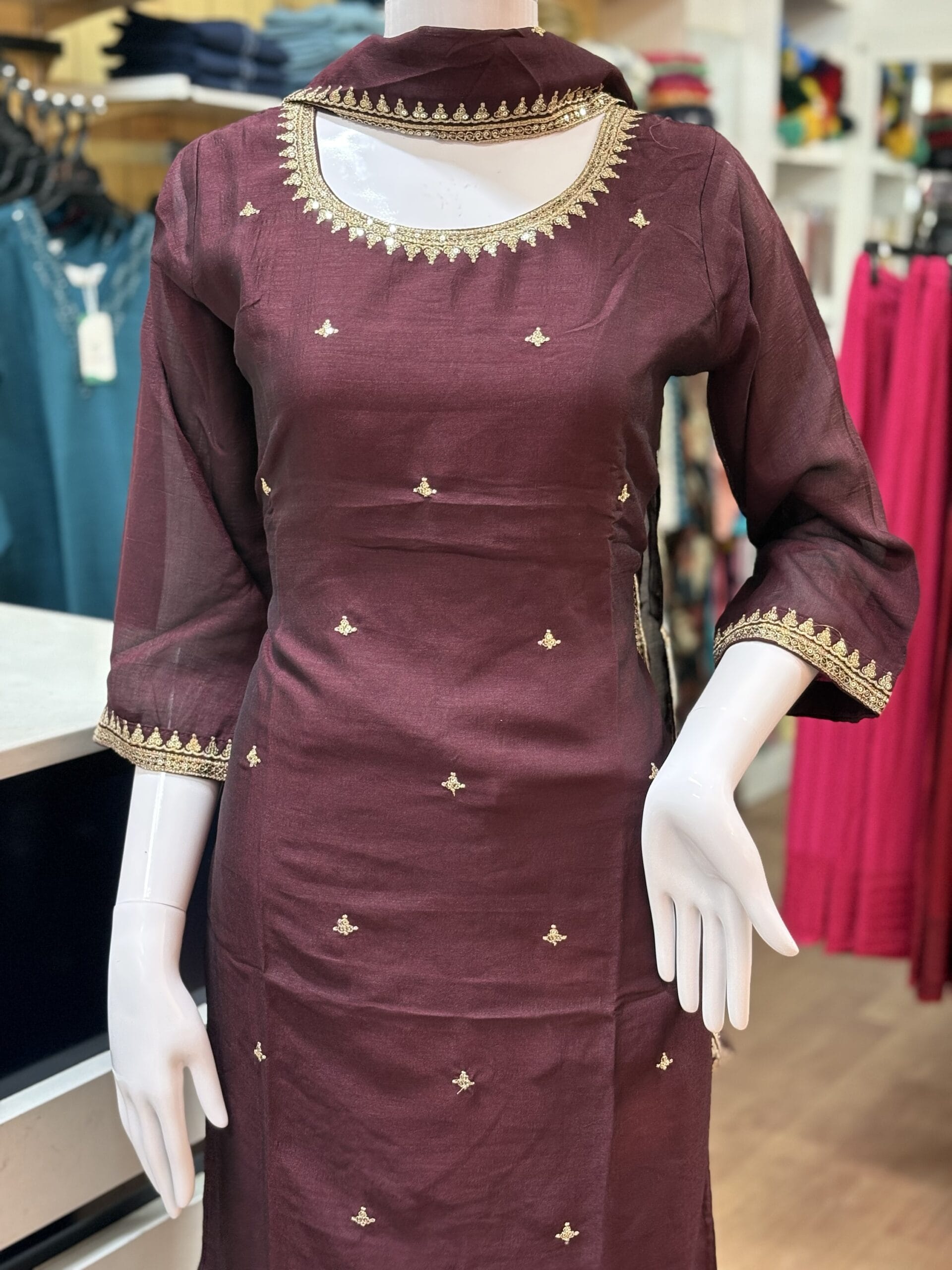 Chic Brown Embroidered Kurti Set