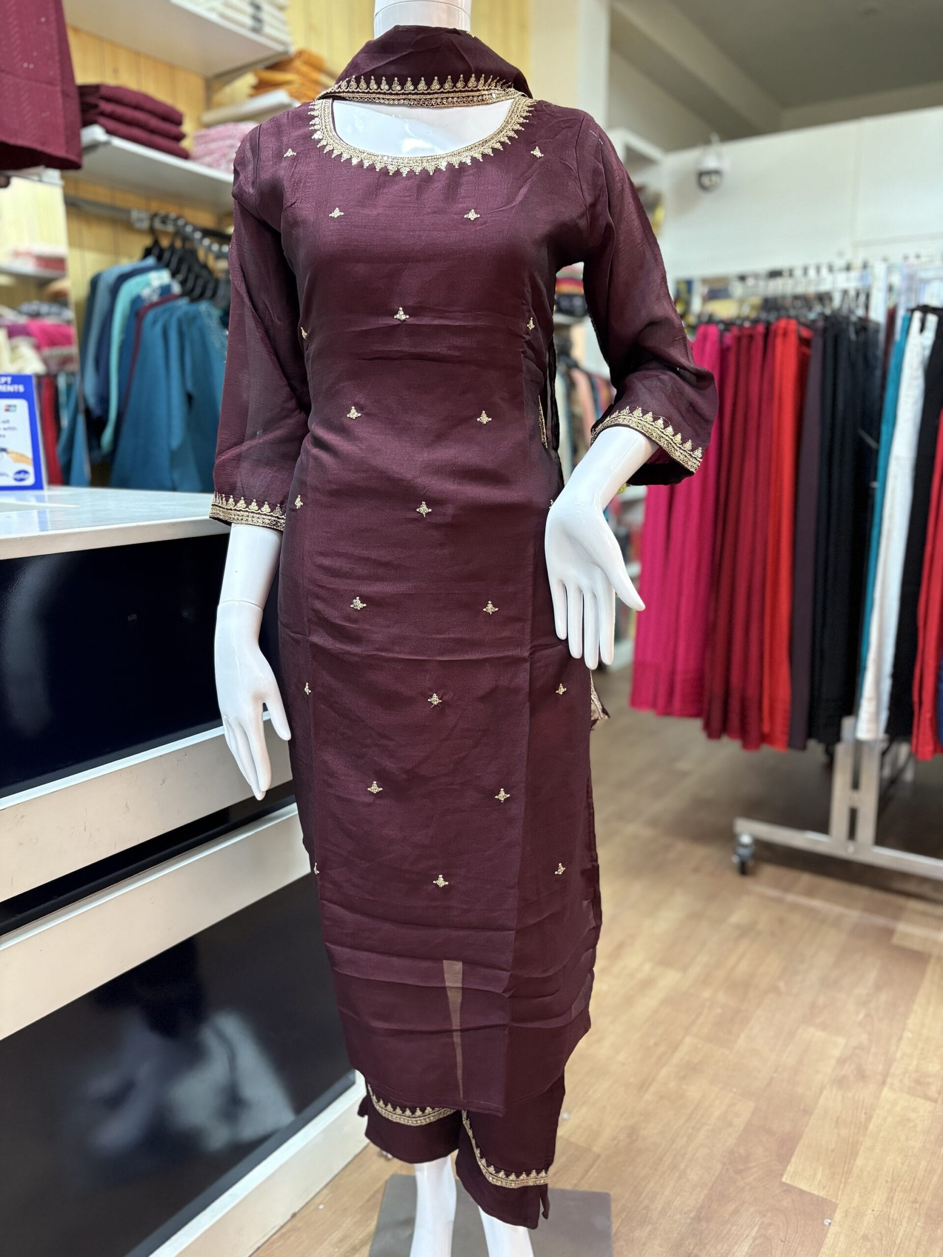 Chic Brown Embroidered Kurti Set