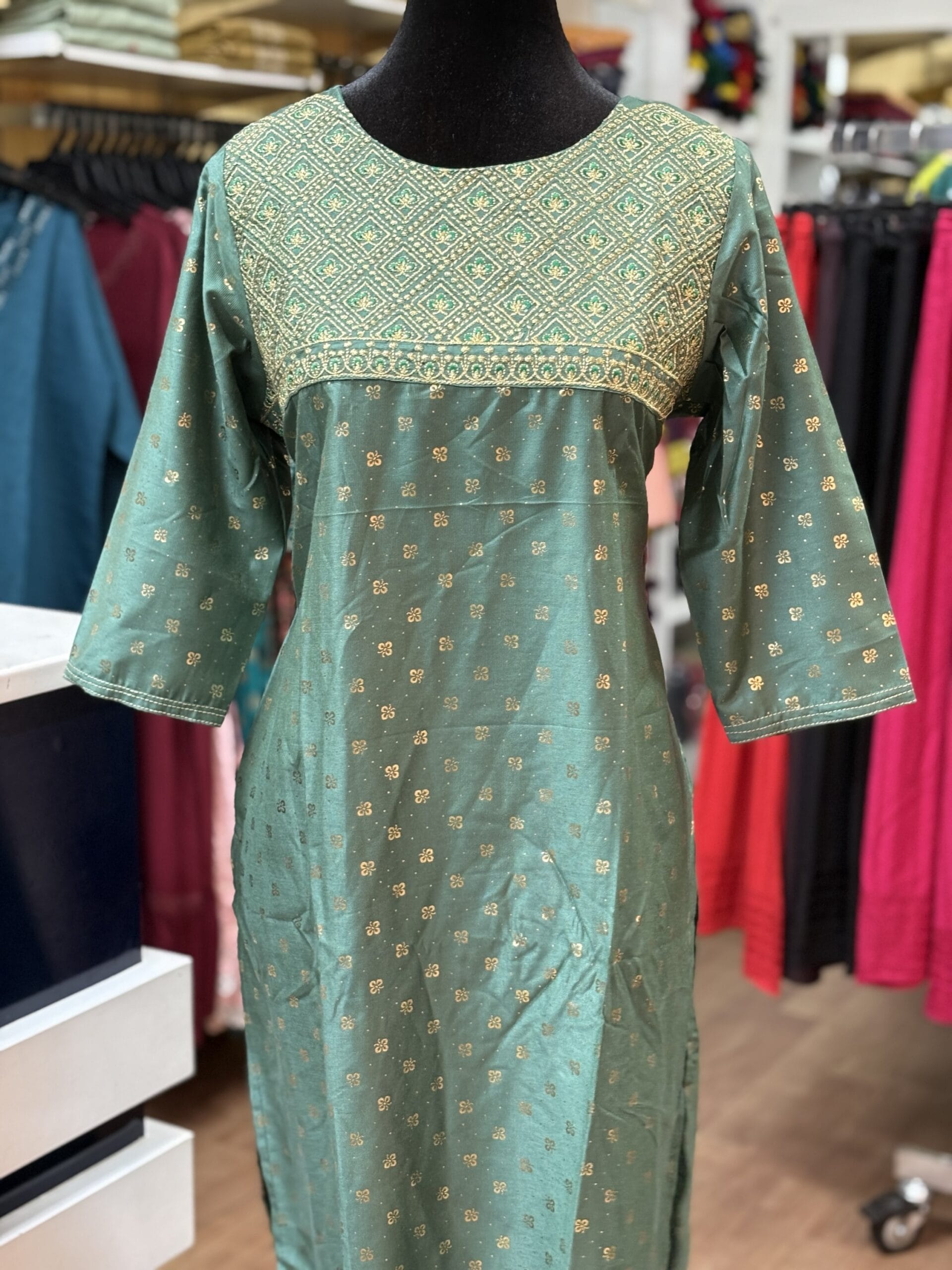 Branded Green & Gold Casual Kurti.