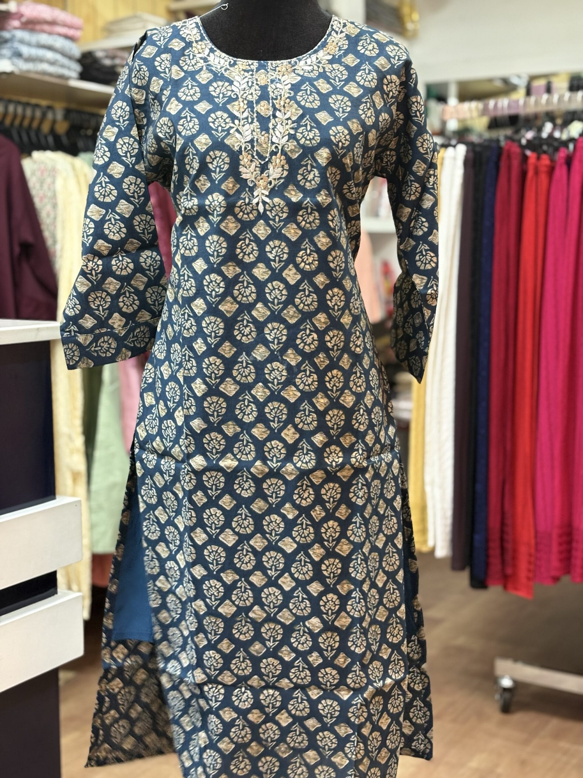 Premium Floral Dark Blue Kurti for Casual Wear