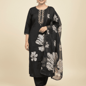 Black Big Flower Straight Cut Plus Size Set Kurti