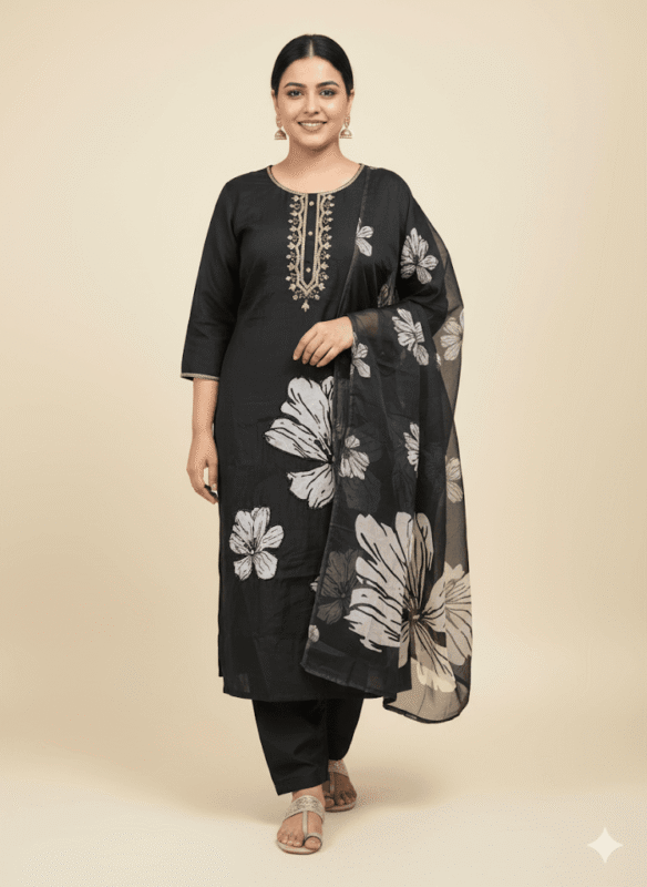 Black Big Flower Straight Cut Plus Size Set Kurti