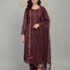 Maroon Elegant Embroidered Kurti Set With Organza shawl