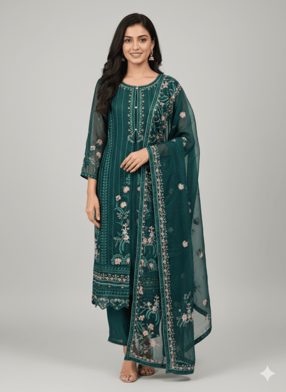 Elegant Teal Thread Work Dark Green Kurti Set