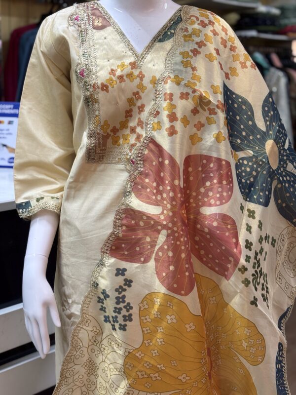 Plus Size Cream Silk Blend Straight Cut Kurti Set
