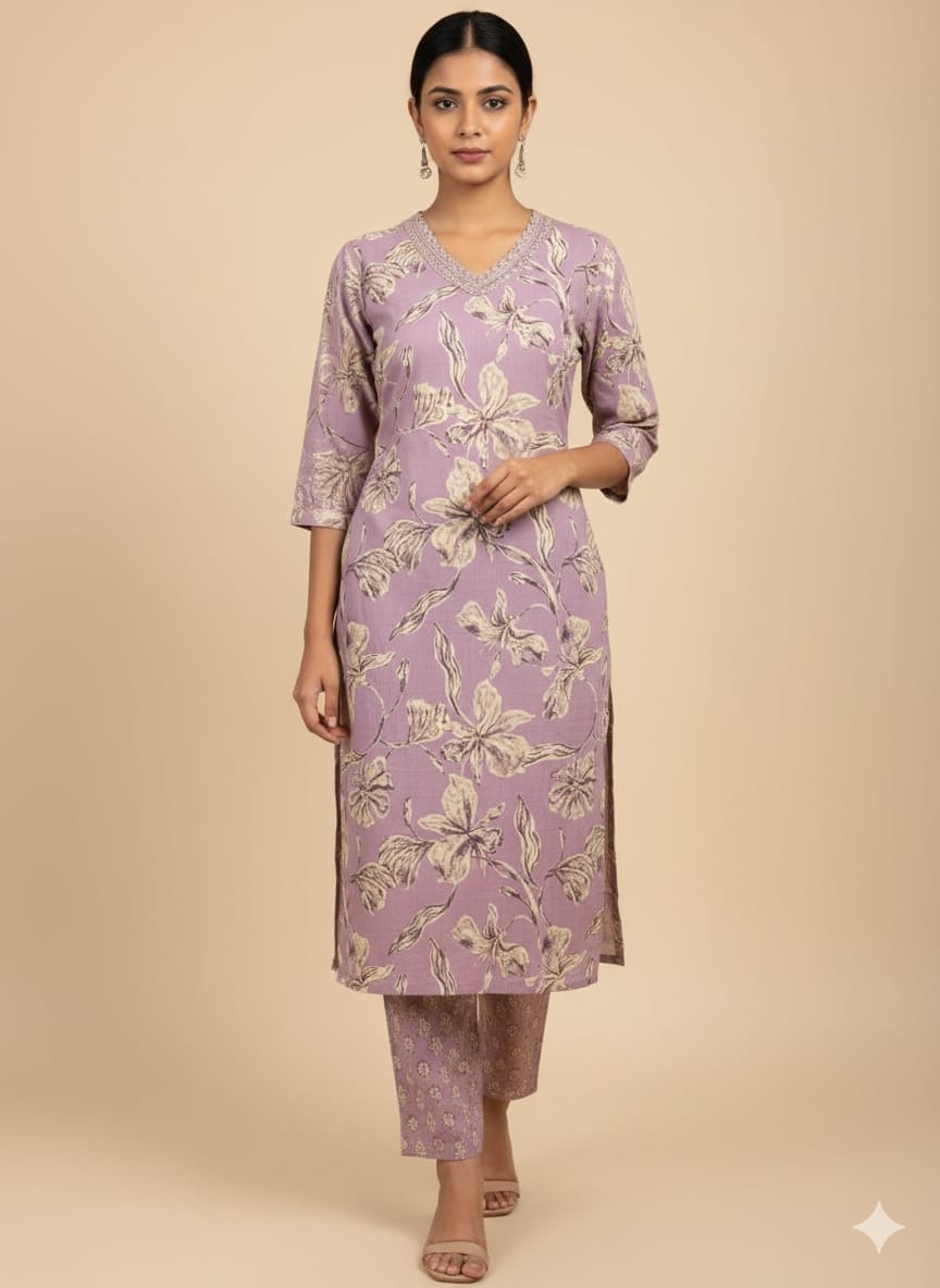 Floral Purple Cotton Two Piece Set Kurti