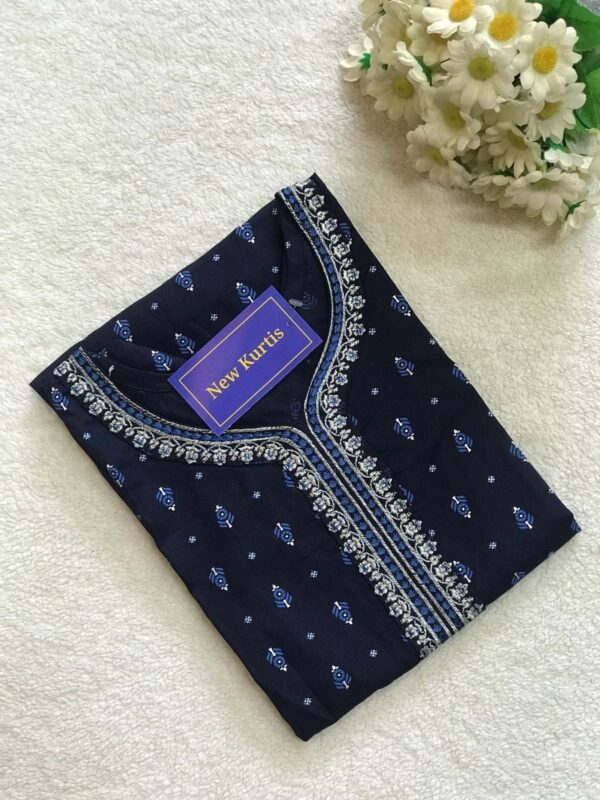 Dark Blue Embroidered Cotton Casual Wear