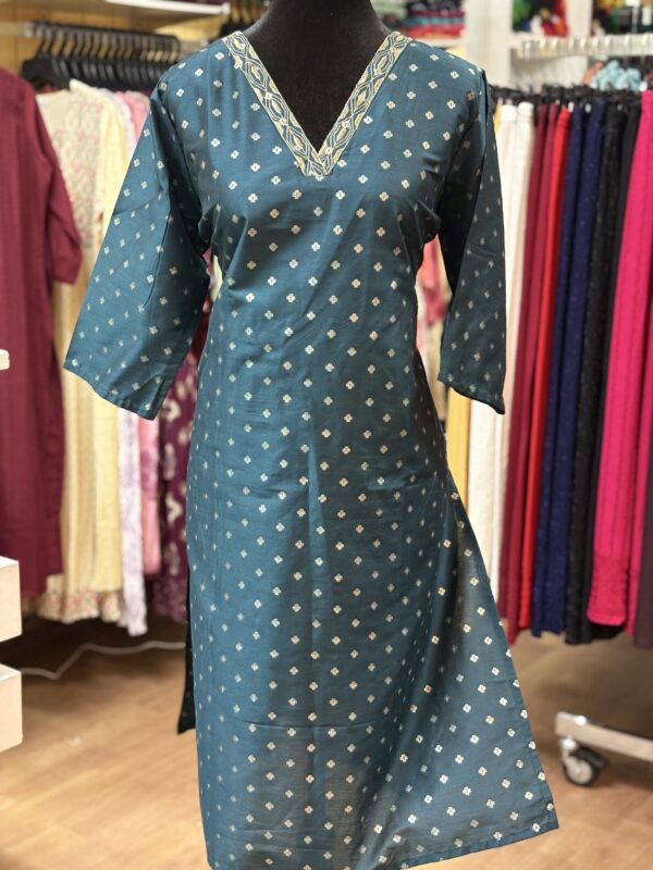 Bottle Green V Neck Daily Wear Kurti - Image 2