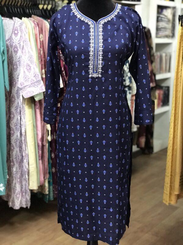 Dark Blue Embroidered Cotton Casual Wear - Image 2
