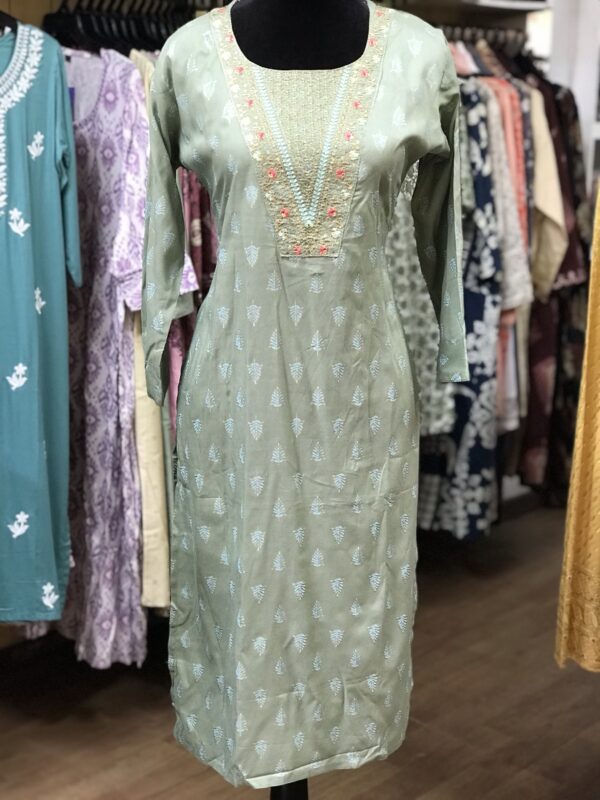 Mint Green Embroidered Cotton Casual Wear - Image 2