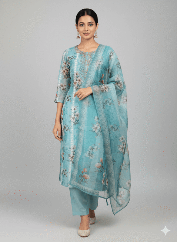 Organza Sky Blue Kurti Set