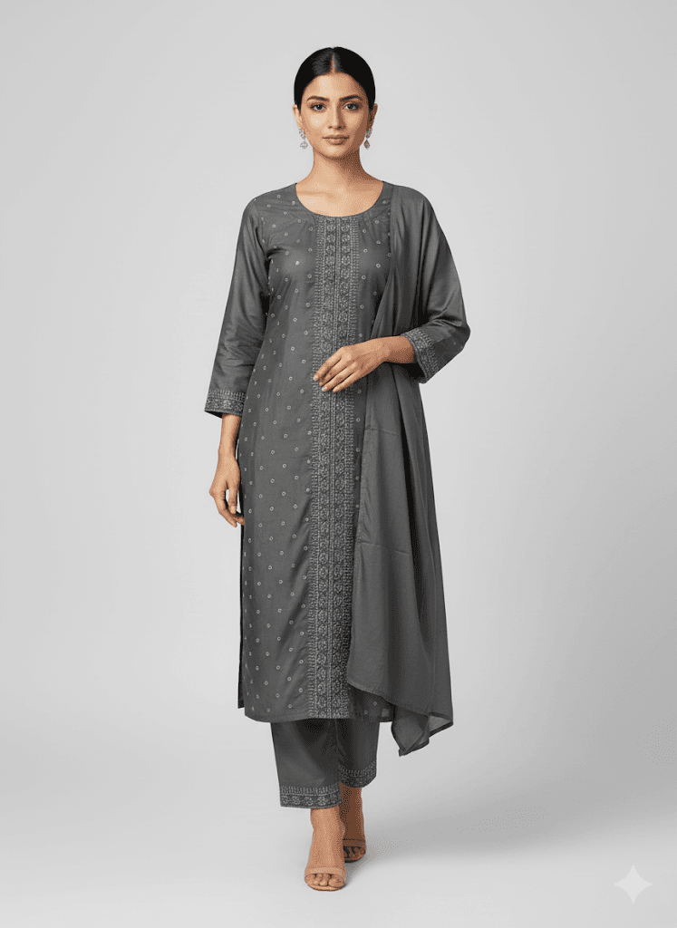 Grey Colour Kurti Set With Stone Work
