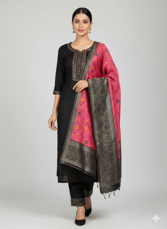 Neck Line Embroidered Black Set Kurti With Multi coloured Shawal
