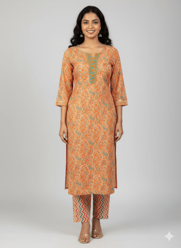 Peach Cotton Two piece Set Kurti