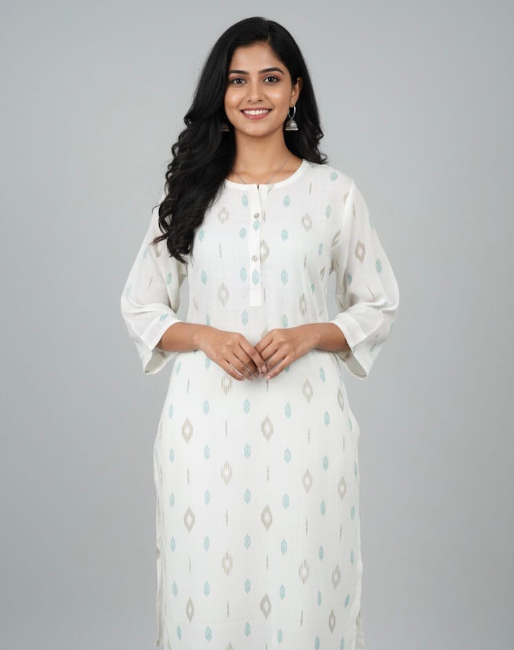 Round Neck Off- White Cotton Casual Wear