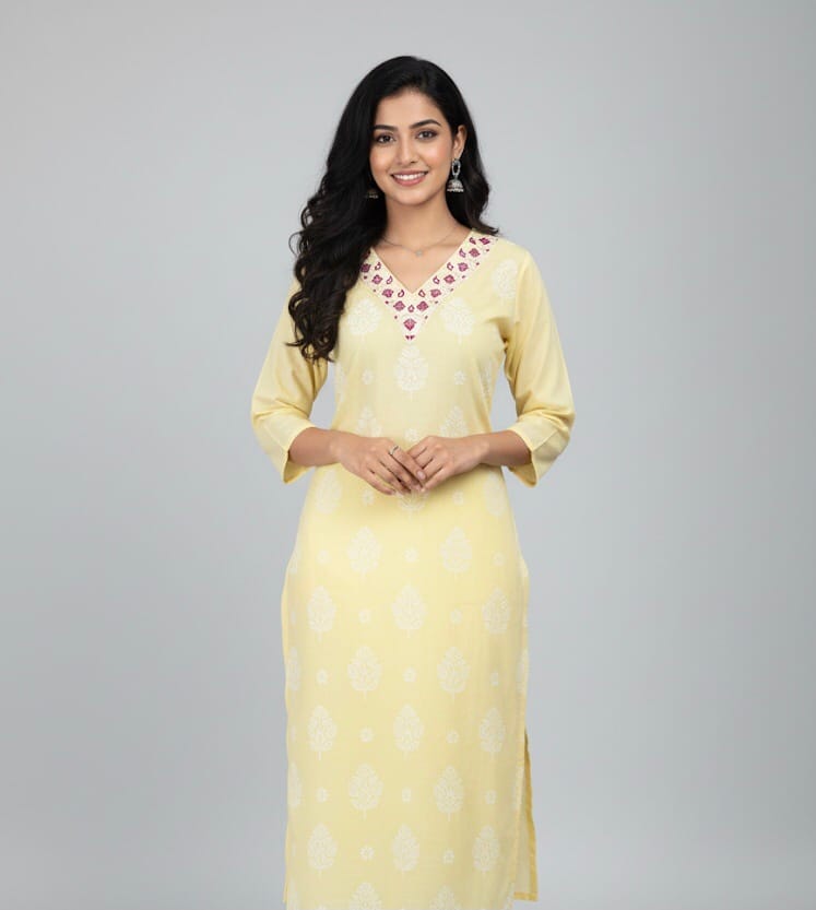 Lemon Yellow colored Cotton Casual Wear