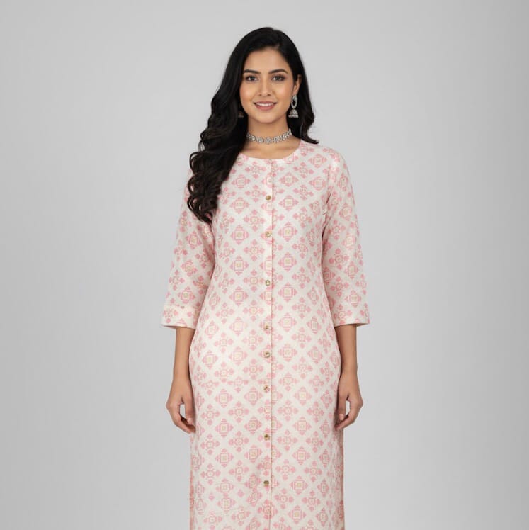 Pink And White Round Neck Casual Wear