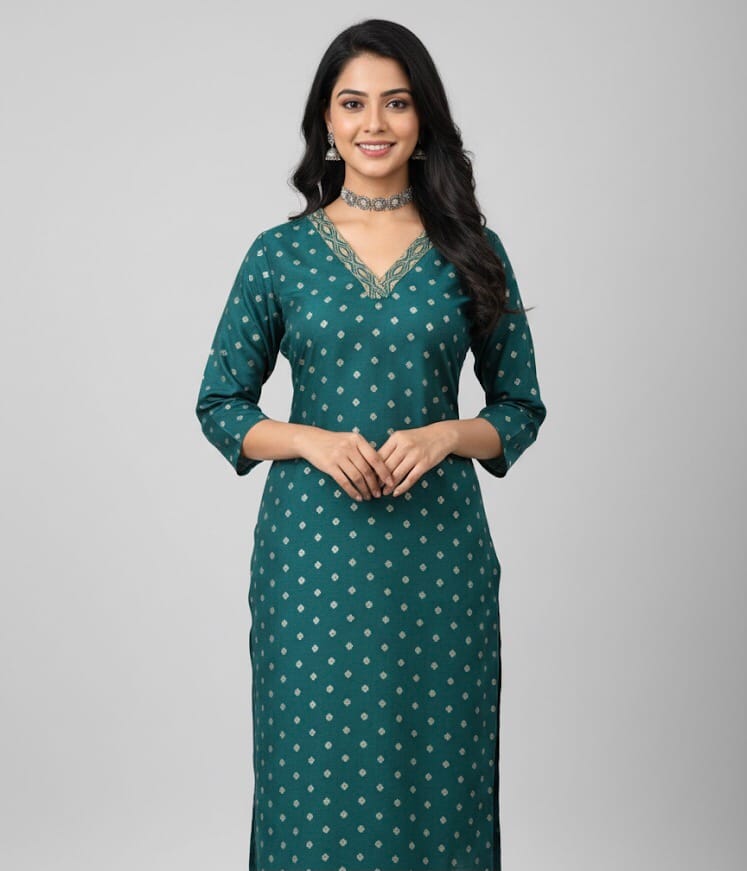 Bottle Green V Neck Daily Wear Kurti