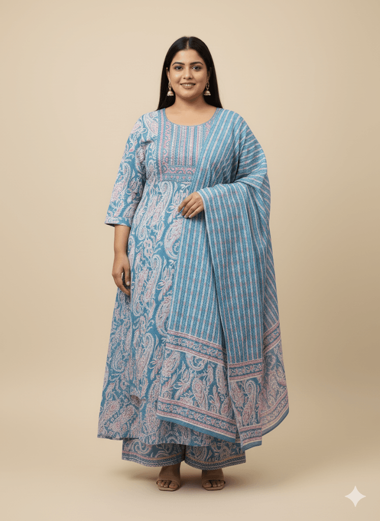 Pink And White Cotton Plus Size Set Kurti