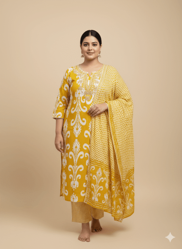 Yellow And White Plus Size Cotton Set Kurti
